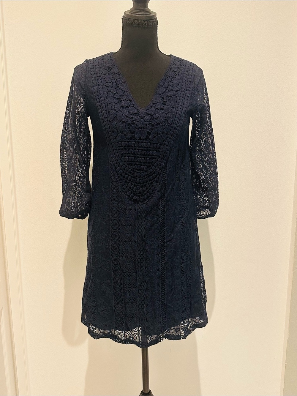 Navy Lace V-Neck Dress - Women's Elegant Crochet Detail